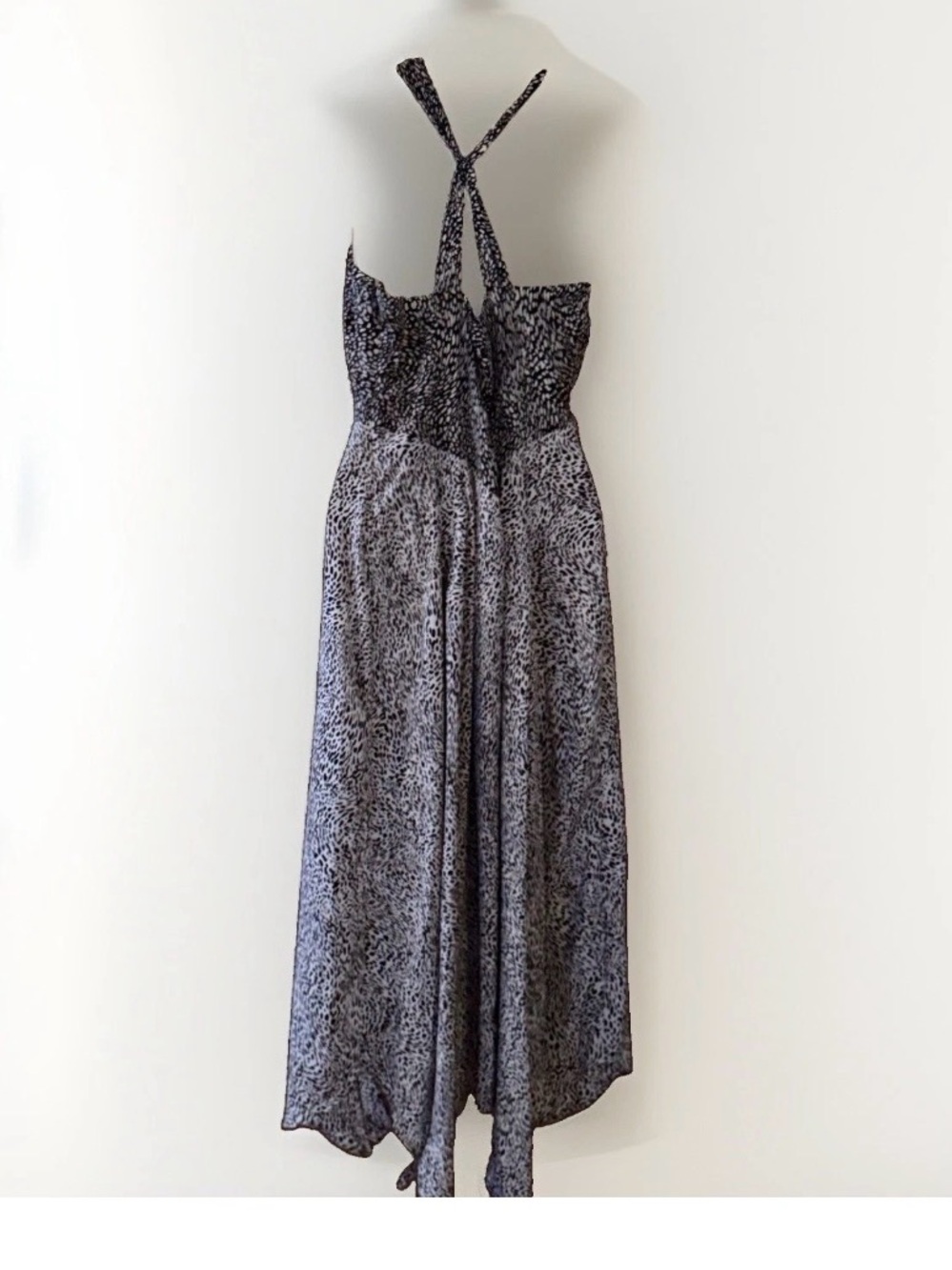Smocked Halter Wide-Leg Jumpsuit in Black Gray Print NWOT